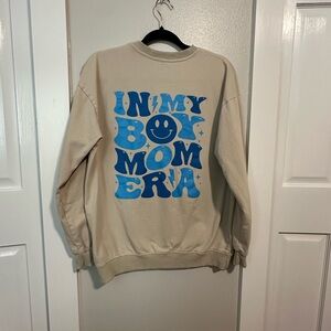Beige Crewneck Sweater with Blue Graphic Boy Mom